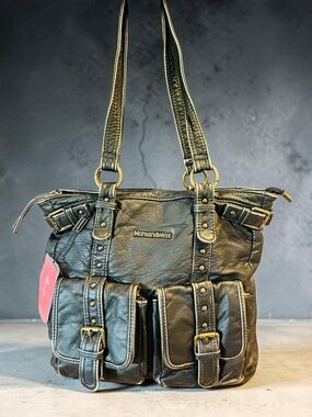 Montana West Black Stone Washed Vegan Leather Shoulder Bag w/Gold Hardware (NWT)